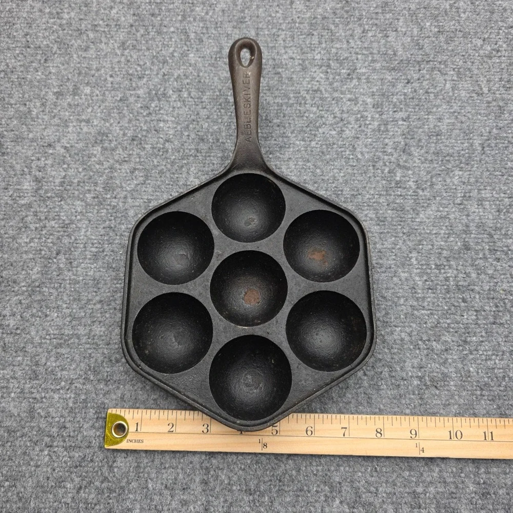 Vintage Cast Iron Aebleskiver Pan 7 Hole Hexagon Made in USA Danish Pancake Puff